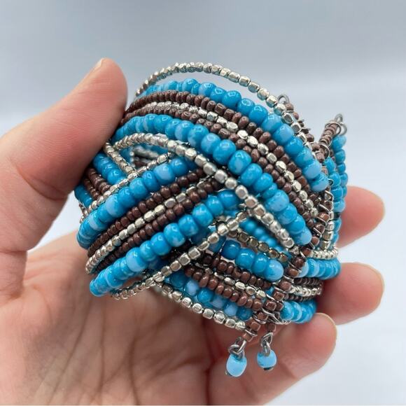 Teal & Brown Beaded Stretch Bracelet Cuff Twisted Boho - Picture 3 of 6